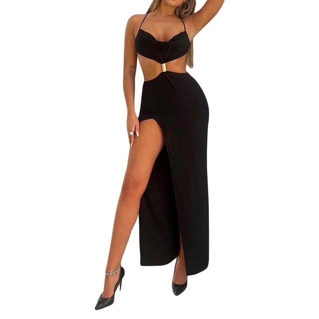 TRKIYQC vestidos de mujer casuales verano, sin mangas drapeado cuello espalda descubierta Slit verano vestido largo para cóctel TRKIYQC casual
