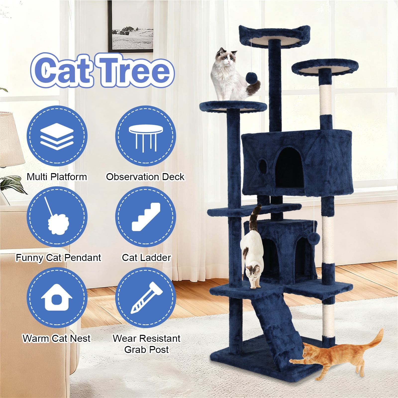 Dkelincs 70" Large Cat Tree Tower Multi-Level Cat Condo Pet Play House with Scratching Post & Hanging Toy for Indoor Cats, Navy Blue