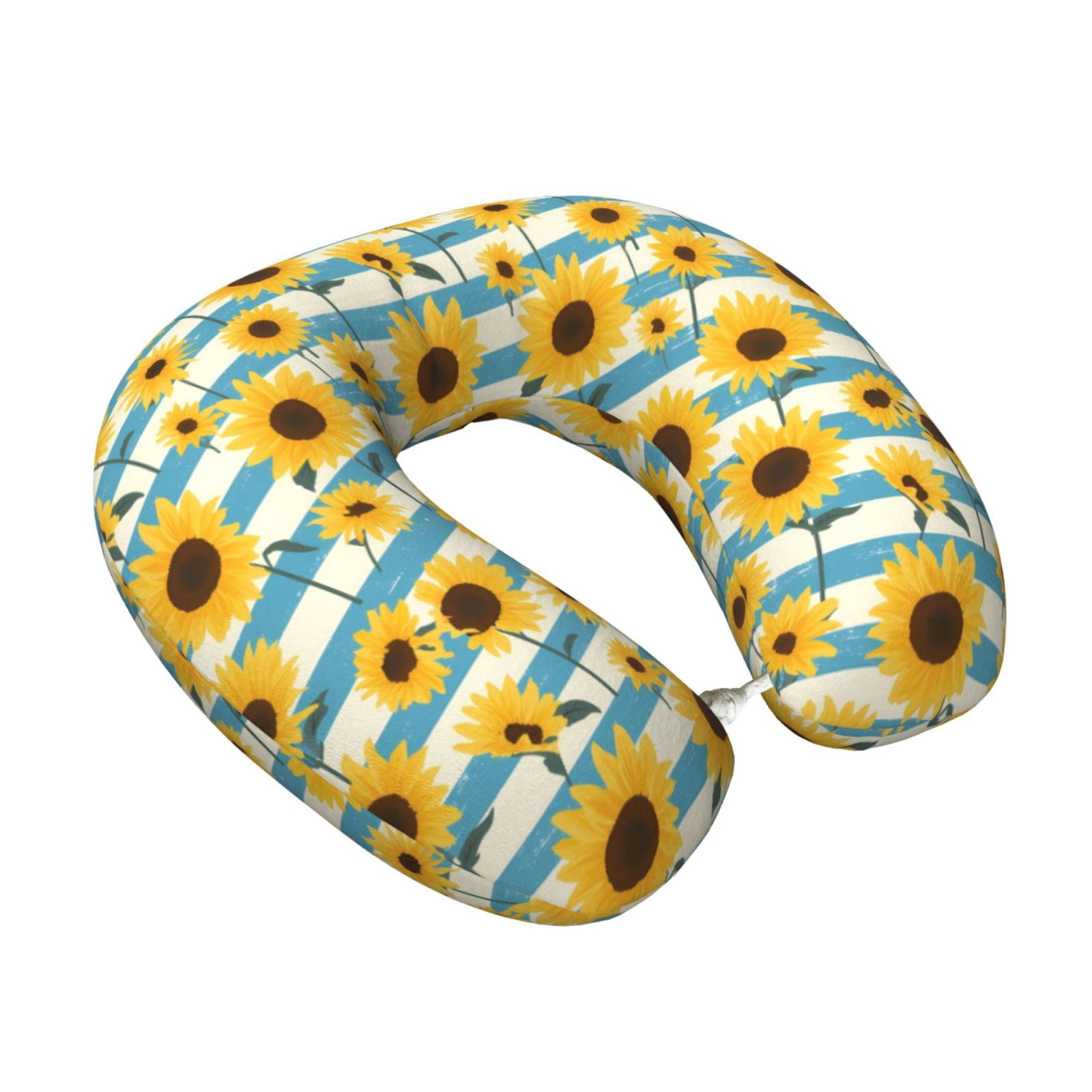 Xecao White Blue Striped Sunflower Print Memory Foam Cervical Neck Pillow Versatile U-Shaped Pillows for Home,Office,Camping,Travelling,Soft Washable Cover