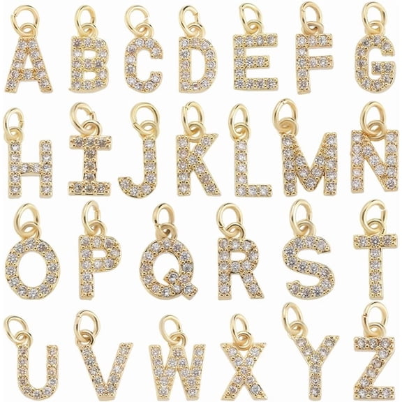 Clear 26Pcs 26 Styles 18K Gold Plated Alphabet Charms Bulk A to Z Micro Pave Cubic Zirconia Rhinestone Letter Charms Pendants Accessories for Jewelry Making Earrings Bracelet Necklace DIY Crafts