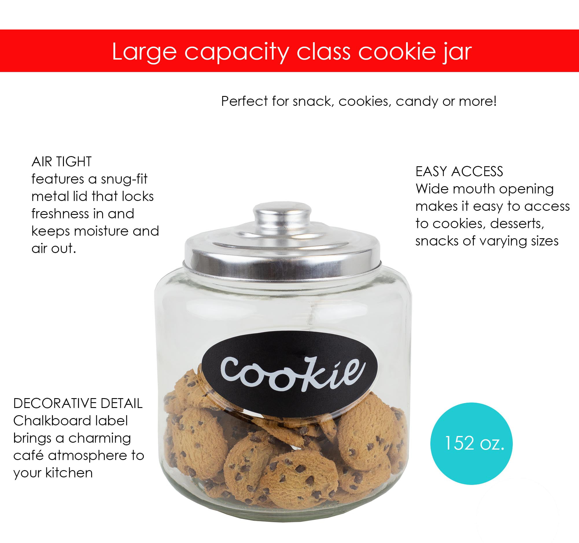 Home Basics Large Glass Cookie Jar with Metal Top, FOOD PREP