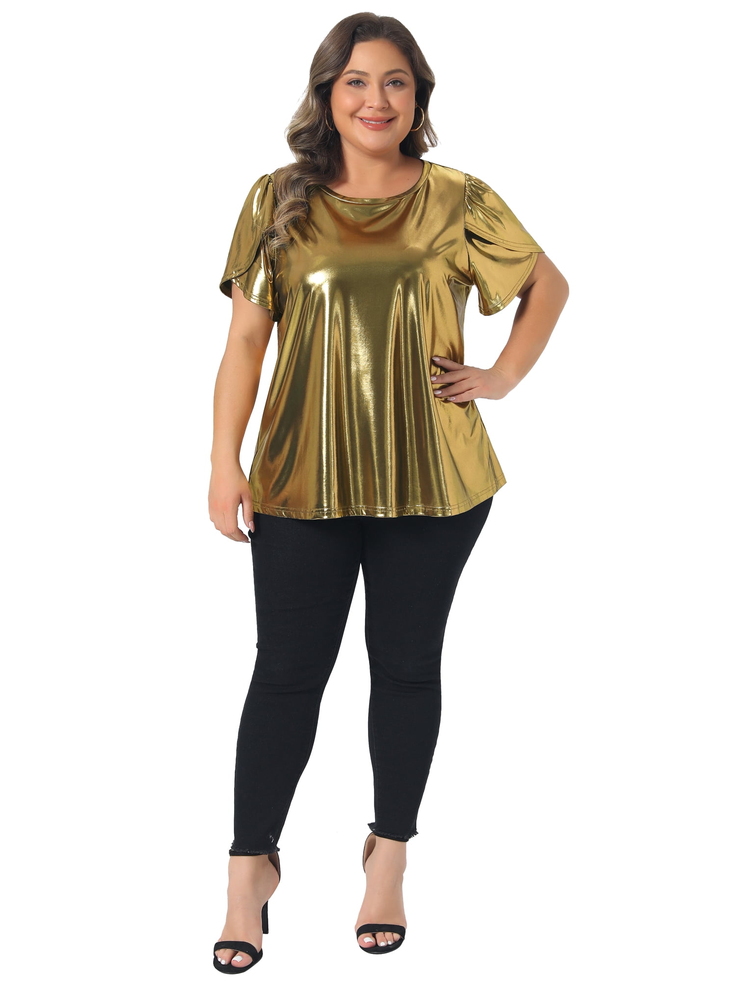 DARING DIVA Women's Plus Metallic Crew Neck Short Sleeve Tops 4X Gold
