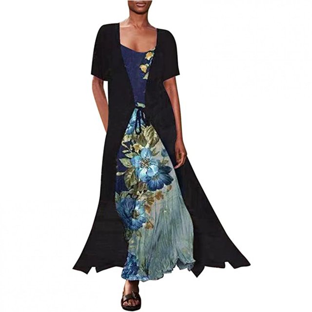 Pisexur Robes d'Été pour Femmes Fluide Imprimé Floral Ensemble Deux Pièces Robe en Chiffon Grande Taille Col Rond Sans Manches Robe Maxi