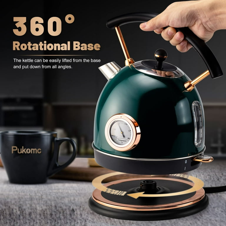Pukomc 1.8L Electric Water Kettle with Temperature Gauge, Hot Water Boiler  & Tea Heater with Curved Handle, Visible Water Level Line, Led Light, Auto