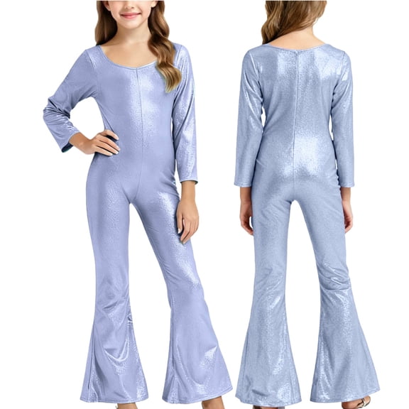 Xdegoge Girls' Shiny Metallic Jumpsuit Long Sleeve Flared Pants One Piece Outfit for Dance, Party Holiday Sequin Jumpsuits