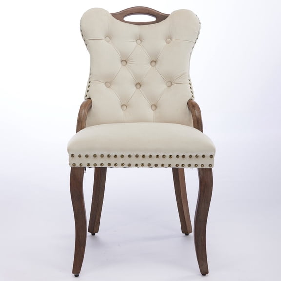 Gearwell Velvet Dining Chairs, Set of 2 Beige Upholstered Side Chairs with Handmade Tufting, Solid Wood Handles and Curved Legs, Copper Nailhead Trim for Dining Room