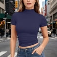 thumbnail image 4 of Women's Mock Neck Short Sleeve Tops, Slim Fit Solid Color T-Shirt, Soft Stretchy Baselayer, Summer Office Tee Dark Blue XL, 4 of 5