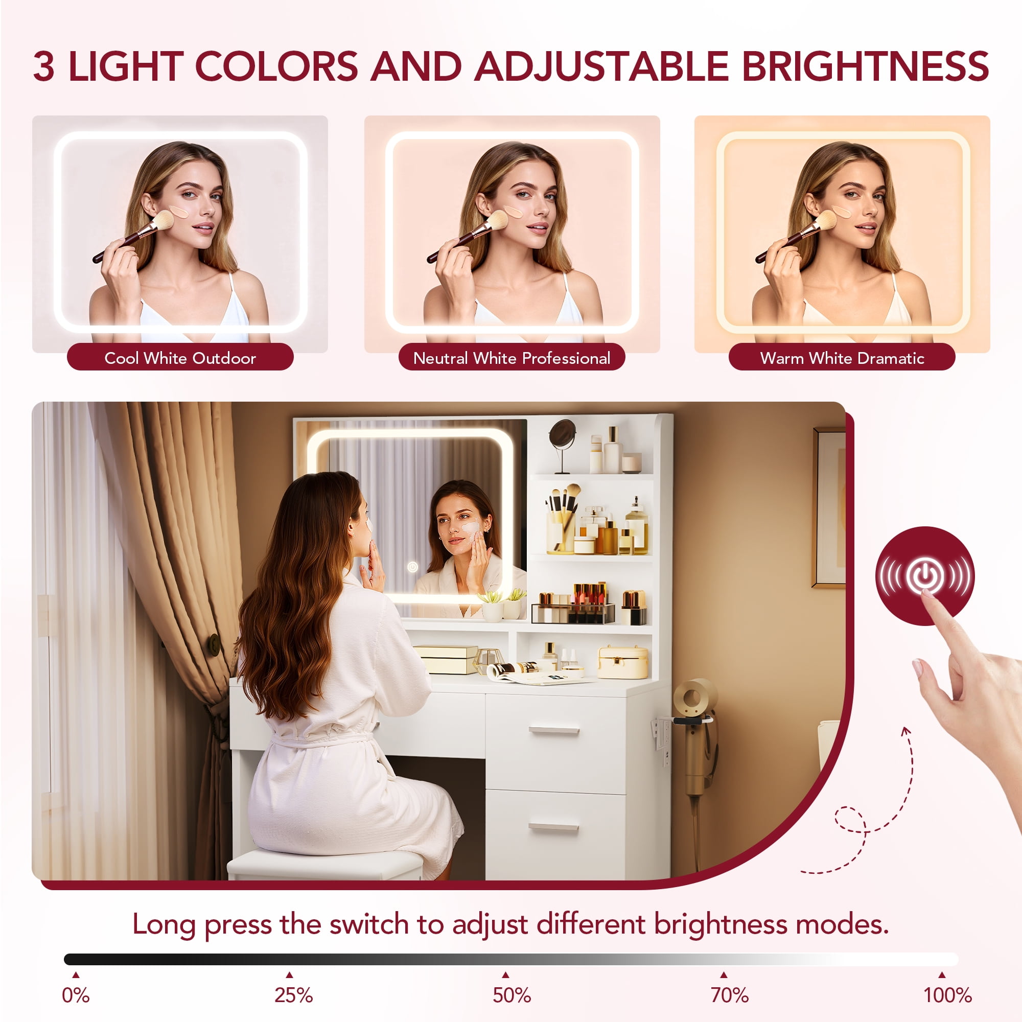 LIVELYGLOW Vanity Desk with Smart LED Mirror & Stool, Makeup Vanity Set with Adjustable Lighting, Built-in Power Outlet, Large Storage Drawer, Modern Minimalist Dressing Table for Bedroom,White