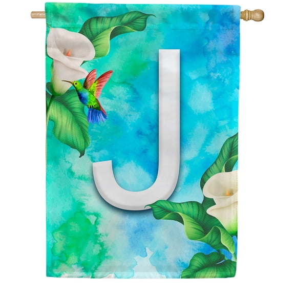America Forever Summer Flowers Birds Monogram House Flag Letter J 28 x 40 inches Hummingbird Calla Lily Spring Floral Double Sided Vertical Outdoor Yard Lawn Decorative White Floral House Flag