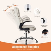 MCQ Office Chair,PU Leather Desk Chair with Lumbar Support, Wheels, and Flip-up Armrest, White