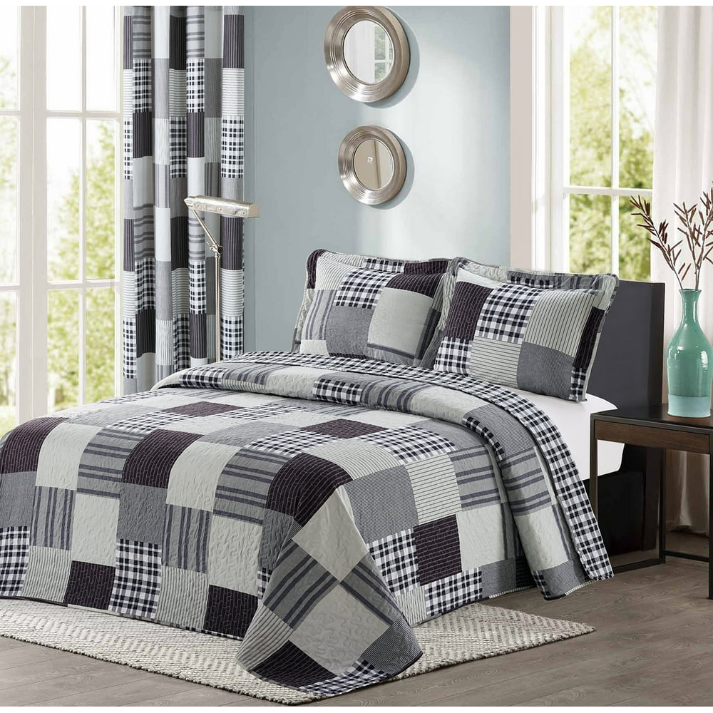 All American Collection Black and Grey Modern Plaid Bedspread and