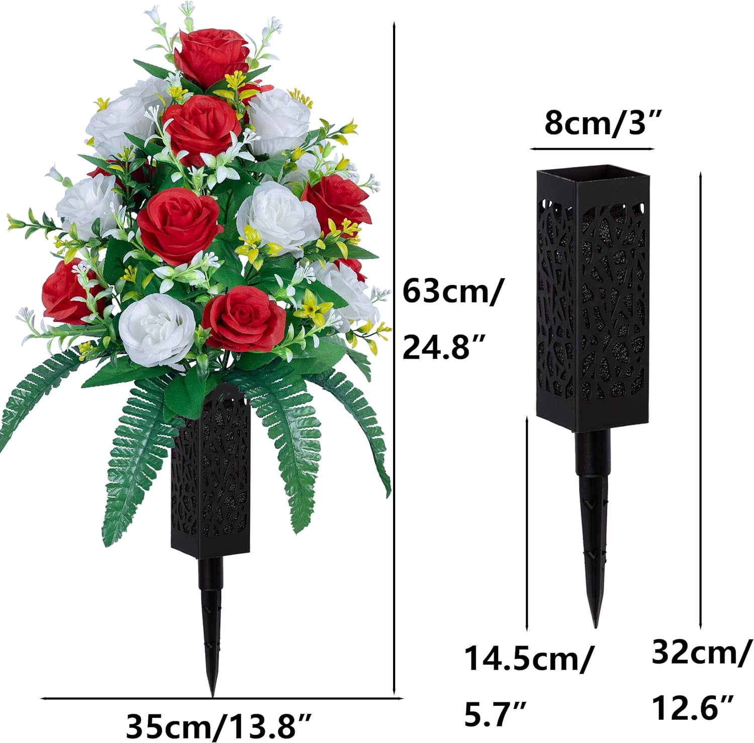 Artificial Cemetery Flowers， Outdoor Grave Decorations Roses，Accompanied by 2 Long Nail Vases，Lasting and Non-Bleed Colors (18 Heads (red, Blue, White))