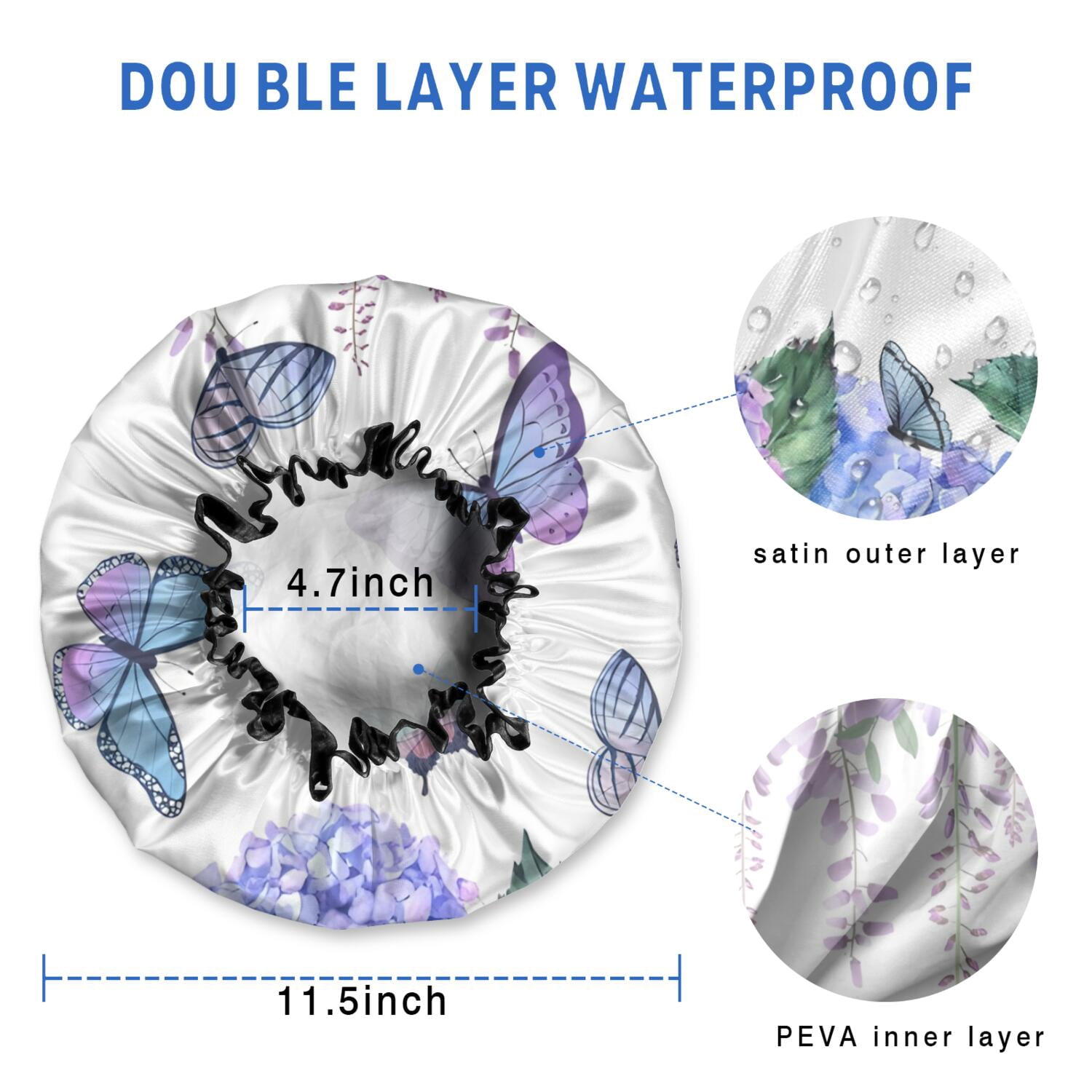 Shower Caps,Pink Butterfly Flower Pattern Waterproof Shower Cap for Women 4 Pieces,Double Reusable Hair Cover for Shower PEVA Elastic Stretch Hem