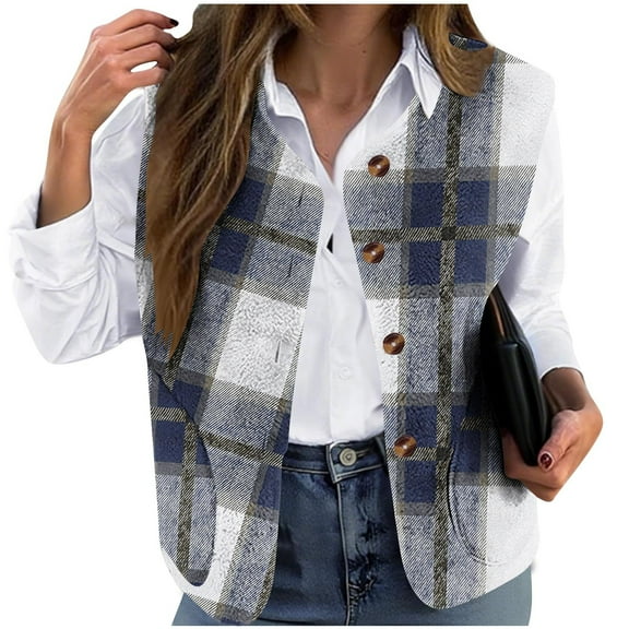Women's Plaid Outerwear Vests Tops Button Down Collared Sleeveless Jacket Plus Size Casual Vest with Pockets