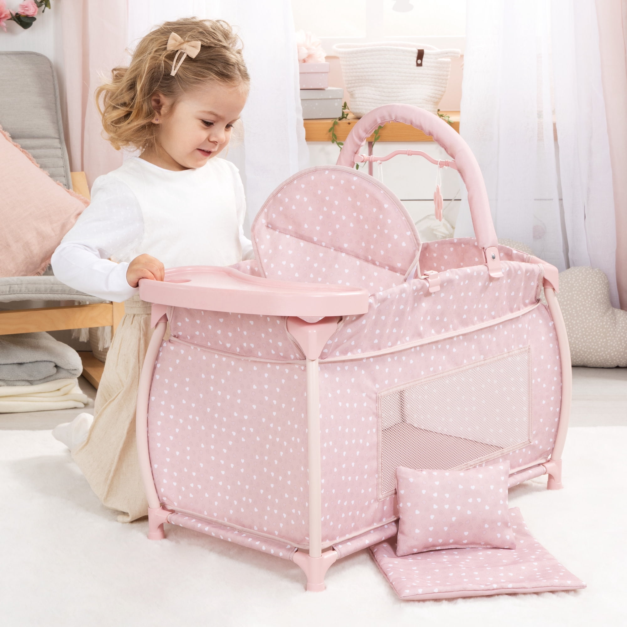 Bayer Design: Doll Multi-Bed - Soft Pink & Polka Dot - Sleep Playpen, Built-In Feeding Highchair, Pillow-Blanket, Care Center Fits 18" Dolls, Kids 3+