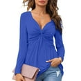 thumbnail image 2 of Chbgutlmr Womens Tops Long Sleeve Front Knotted V Neck Blouses Solid Color Casual Slim Comfy Tunic Tops, 2 of 8