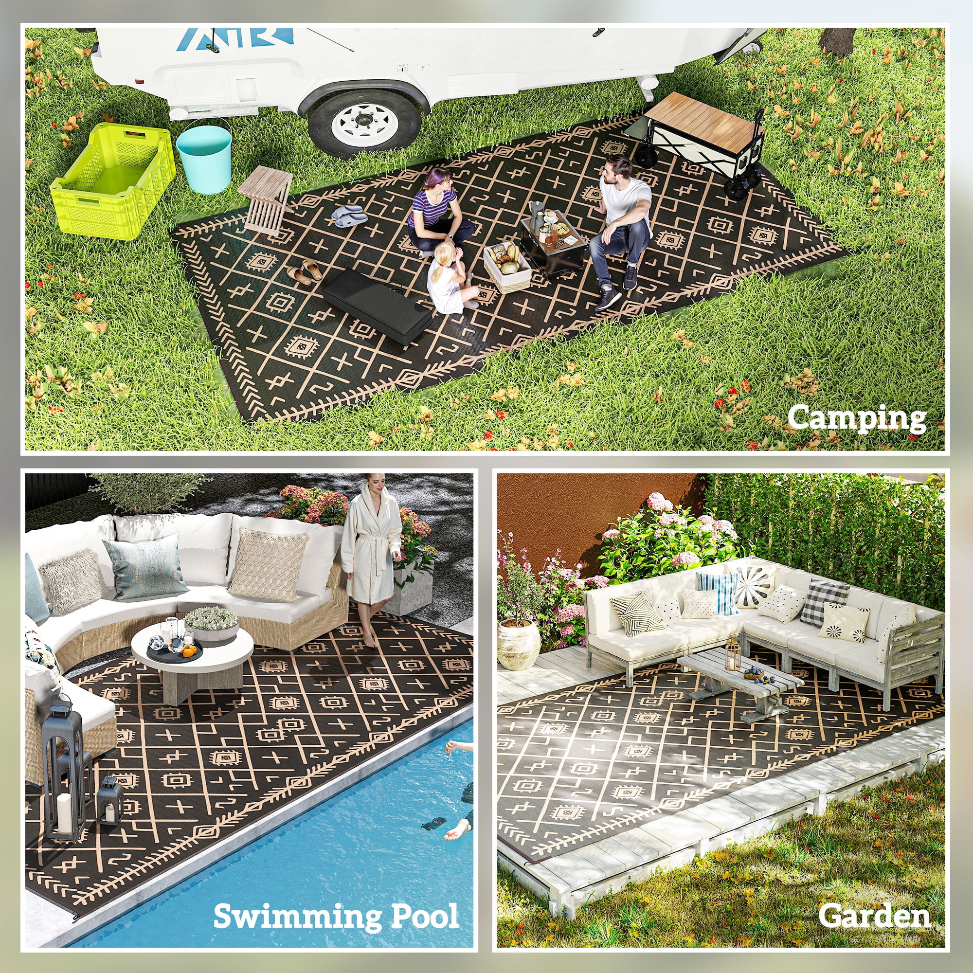 Outsunny Outdoor Patio Rug, Large Camping Carpet with Carrying Bag, 9' x 18' Waterproof Plastic Straw, Reversible, Black & Brown Rhombus