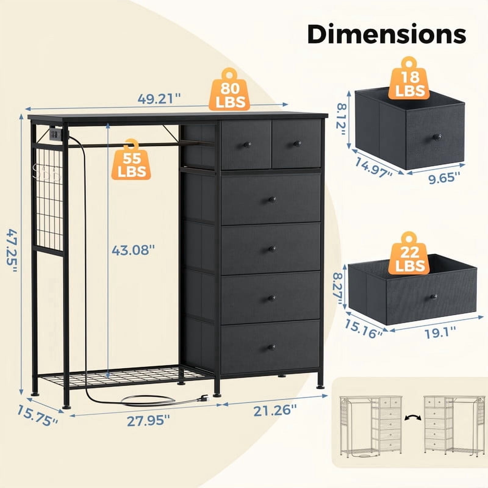 Kelno 6 Drawer Dresser with Hanging Rack LED Lights Charging Station Fabric Closet Organizer Storage Tower, Gray