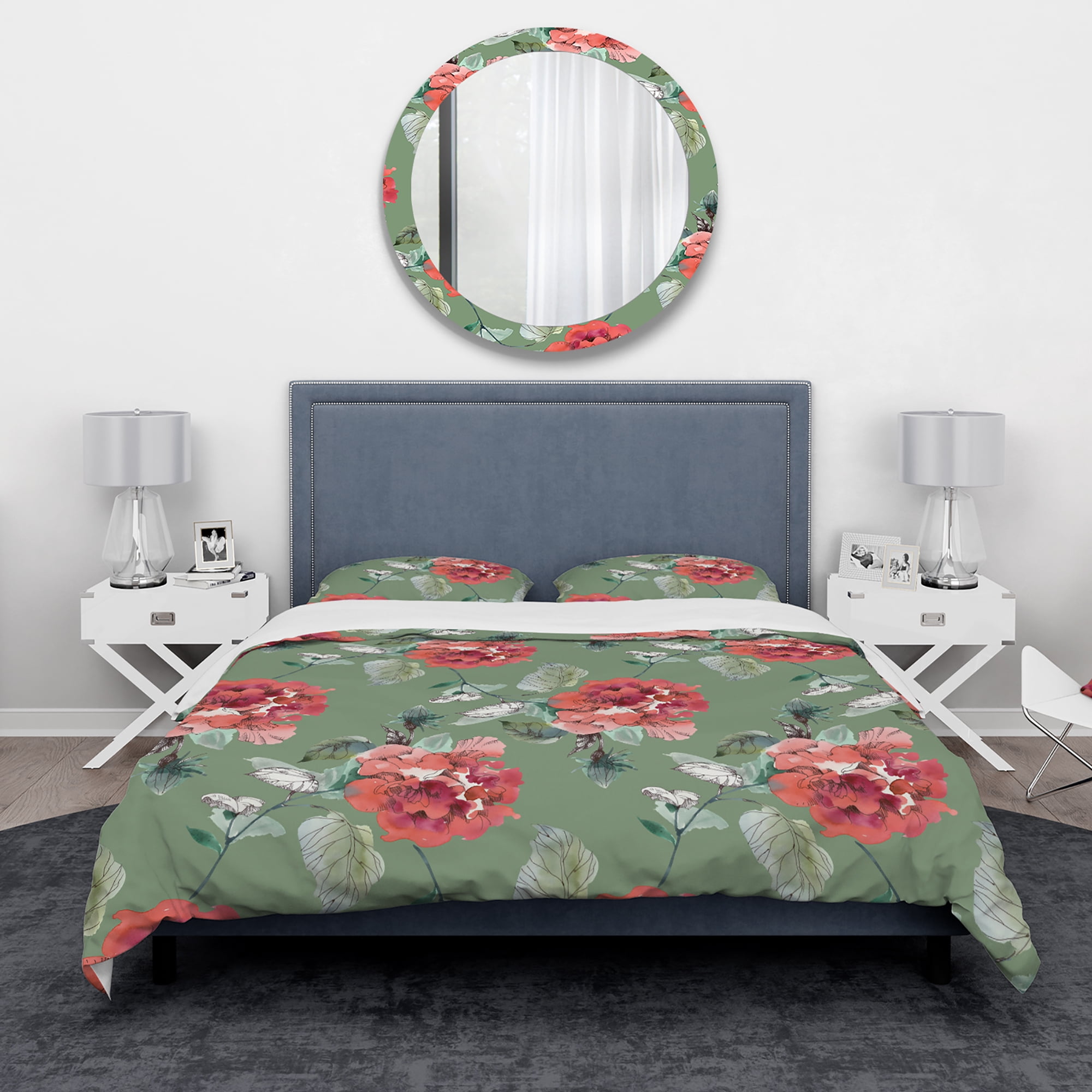 Designart 'Red Flowers in Green Background' Traditional Duvet Cover Set