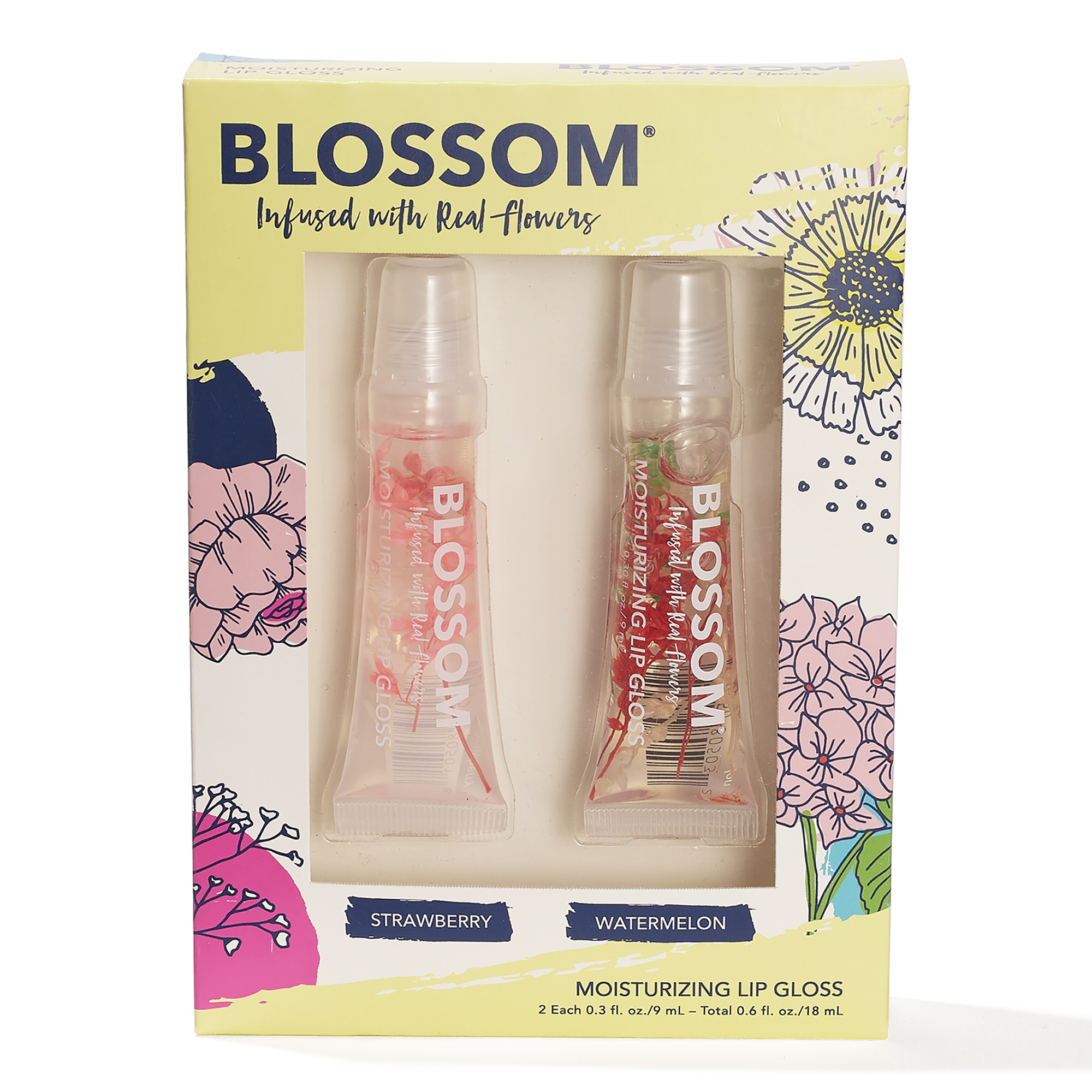 Blossom Moisturizing Lip Gloss Tube, Strawberry/Watermelon, 2pc Set