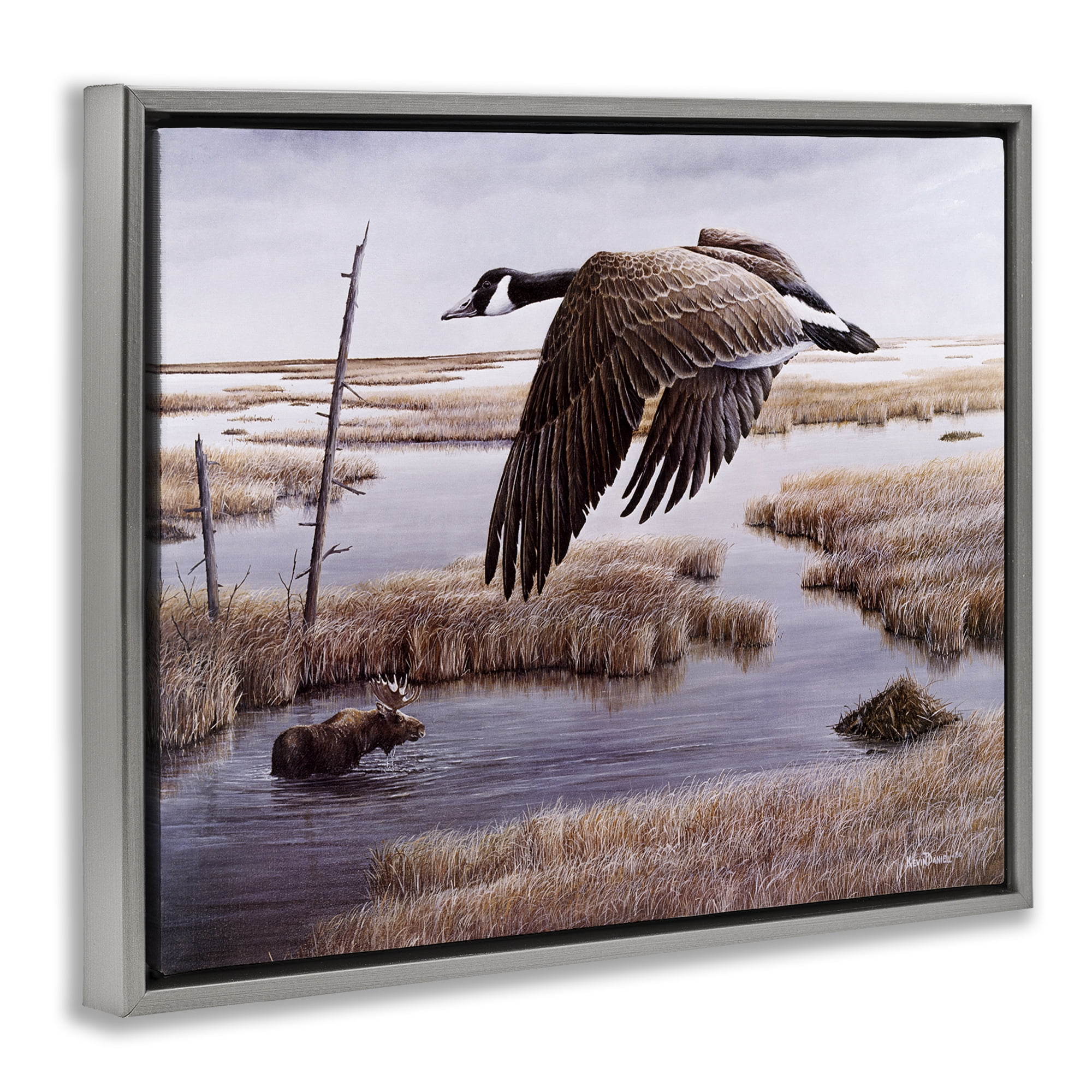 Stupell Industries Goose Over Creek Animals Painting Gray Floater Framed Canvas Art Print Wall Art, 21 x 17