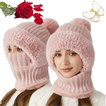 Women's Knitted Hat in Autumn and Winter, 3 in 1 Cold Resistant Hat, Wind-Resistant Scarf Hat Face Mask Hooded Scarf