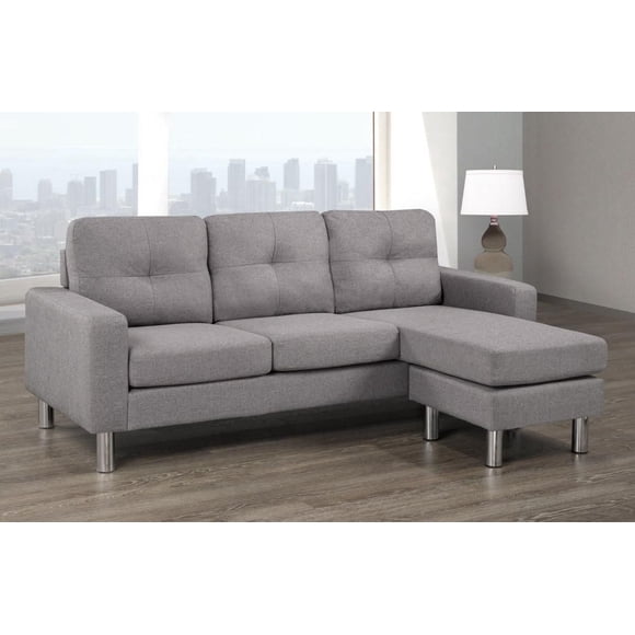 Brassex Sandra Reversible Sectional Sofa for Living Room and Apartment with Tufted Back Cushions and Chrome Metal Legs, Light Grey