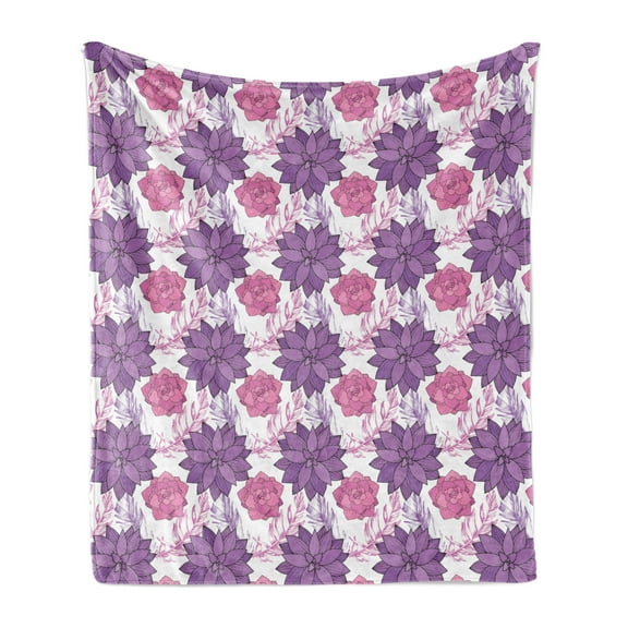 Floral Soft Flannel Fleece Throw Blanket, Succulent Blossoms Botanical Flower Petals Wild Spring Foliage Meadow, Cozy Plush for Indoor and Outdoor Use, 70" x 90", Pink Violet and White, by Ambesonne