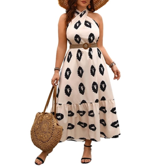 AURA Women Long Dress Halter Neck Sleeveless Casual Summer Dress Khaki Plus Size L–4XL