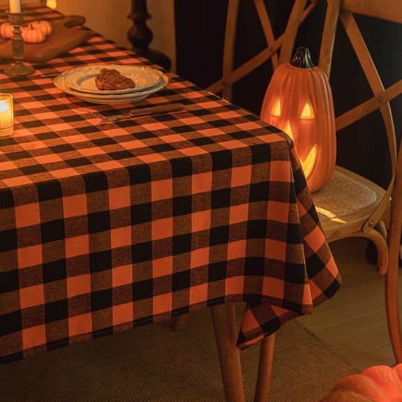 Halloween Checkered Tablecloth Rectangle - Orange Buffalo Plaid Linen Cotton Gingham Fall Table Cloths, Stain Resistant Farmhouse Table Cover for Dining/Parties/Holiday Decor(110 * 160cm)