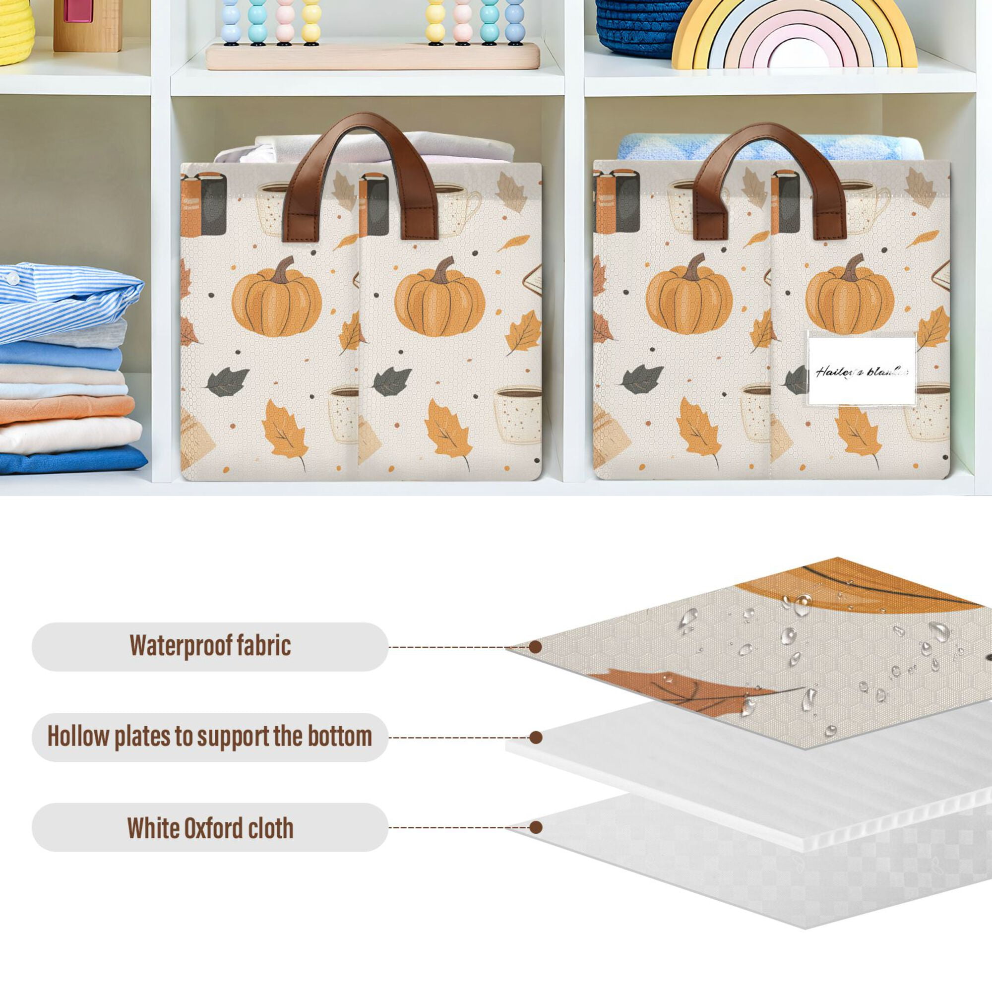 Yayeee Foldable Storage Basket for Shelves with Handles Waterproof Cloth Bins, Beige Fall Pumpkin