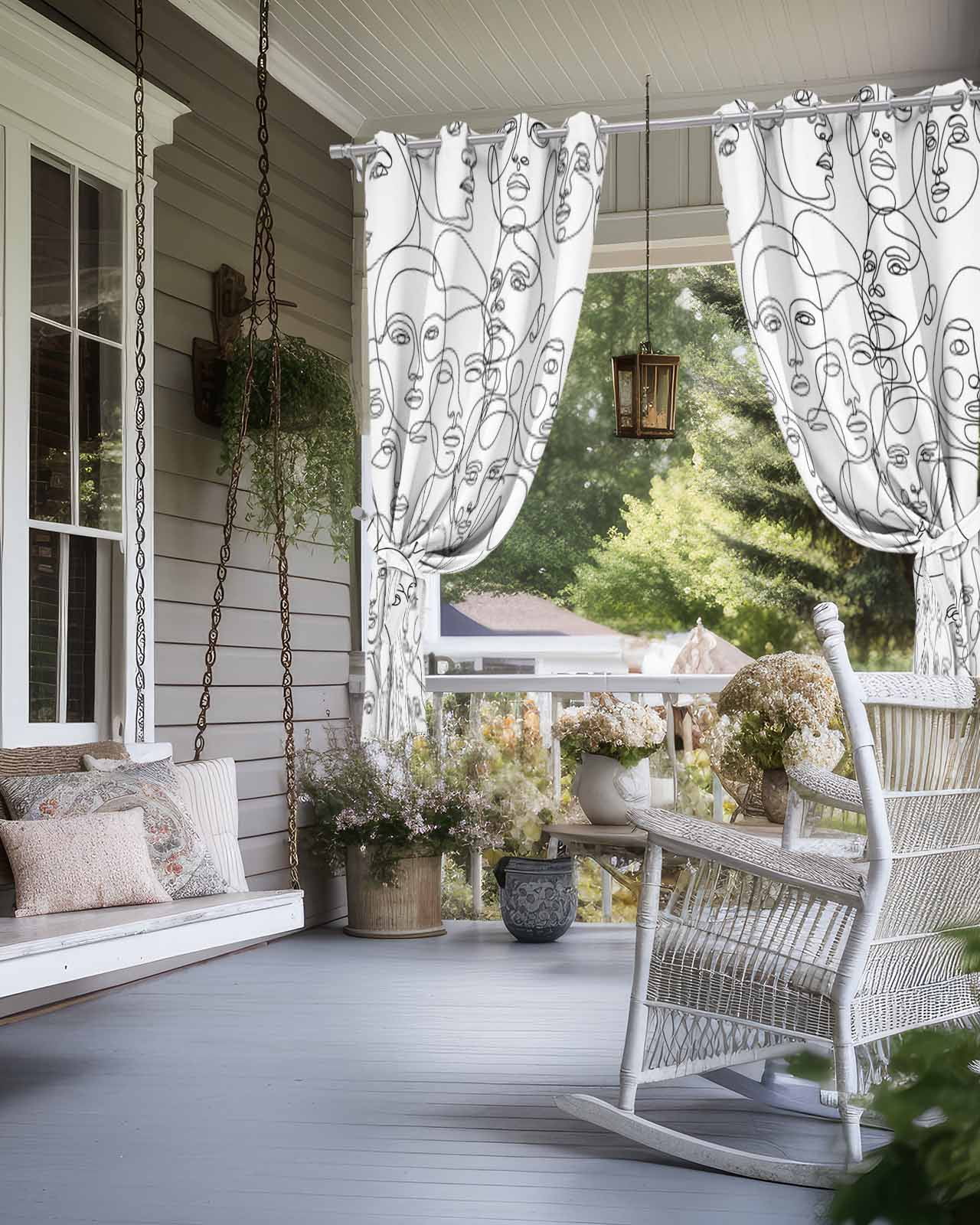 Abstract Style Outdoor Curtains for Patio, Face Line Modern Character Art White Privacy Drapes Grommet Waterproof Outside Curtains for Porch/Cabana/Balcony 54"x 108", 1 Panel