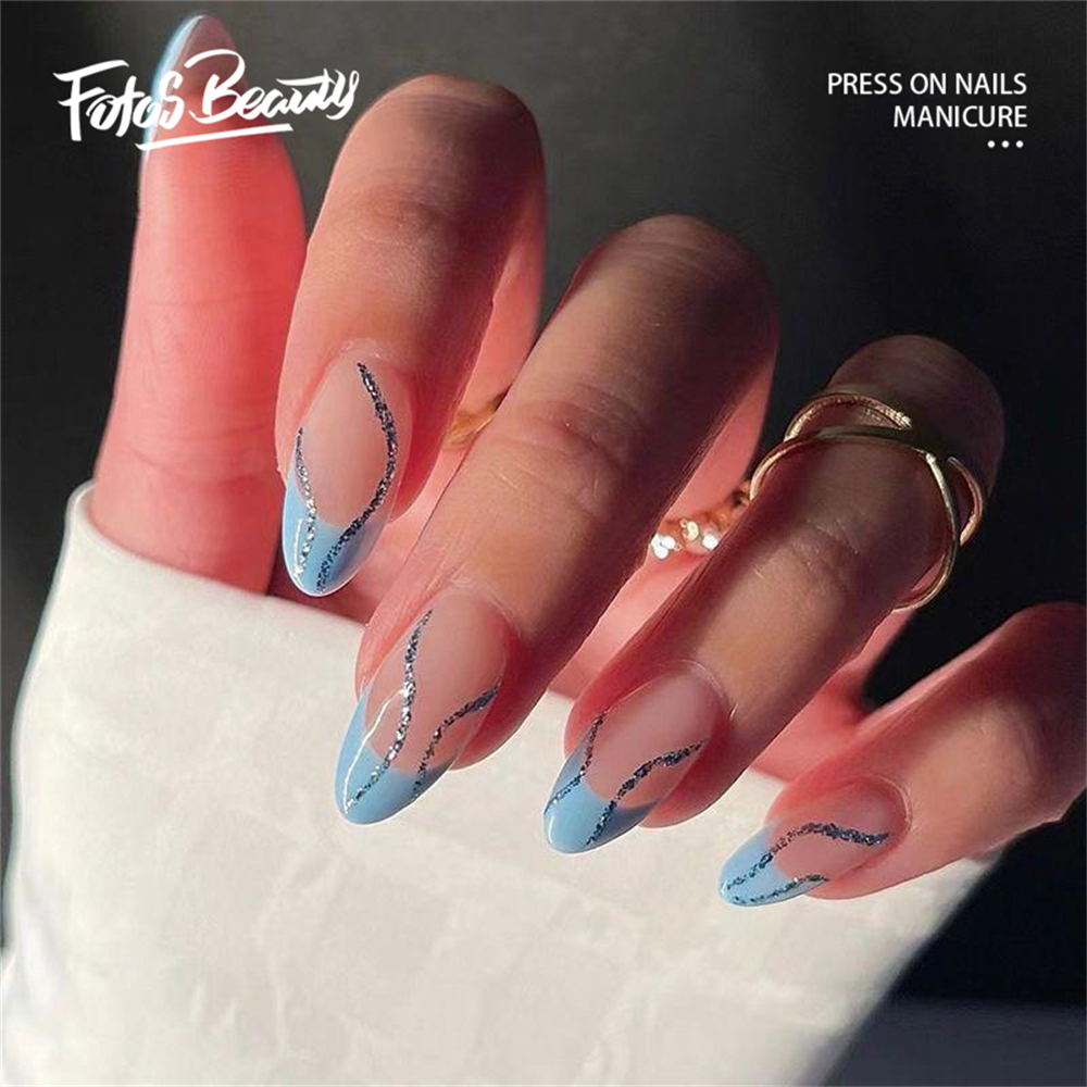 Fofosbeauty 24pcs Almond Fake Nails Tips, Medium Press on French Nails,  Stylish Light Blue French With Waves