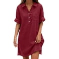 thumbnail image 3 of VBVC Women's Cotton Linen Collared Shirt Dress , Summer Casual Short Sleeve Dress For Women , Ladies' Loose Fit Button Down Dress with Pockets,Wine,S-2XL, 3 of 7