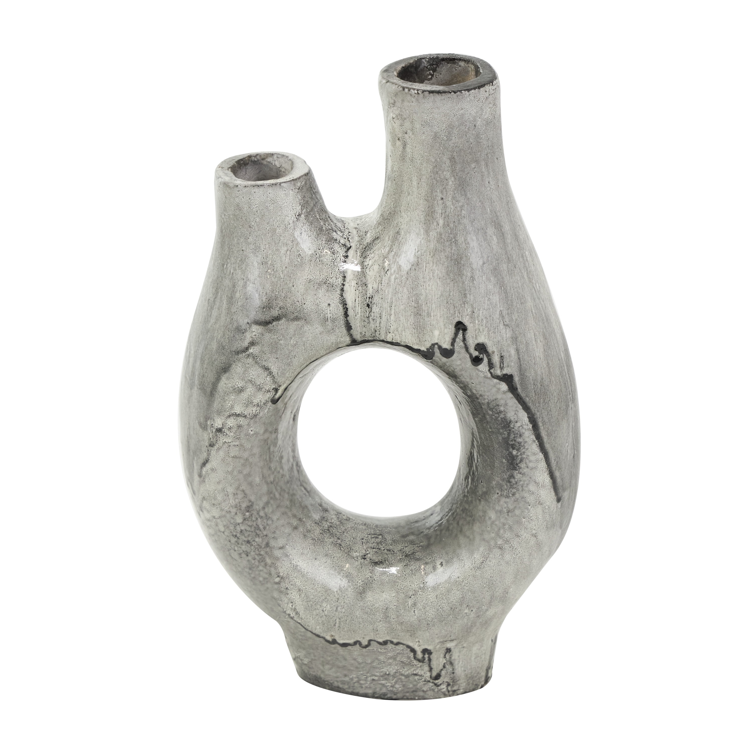 DecMode 13" Abstract Circular Gray Paper Mache Vase with Dual Openings