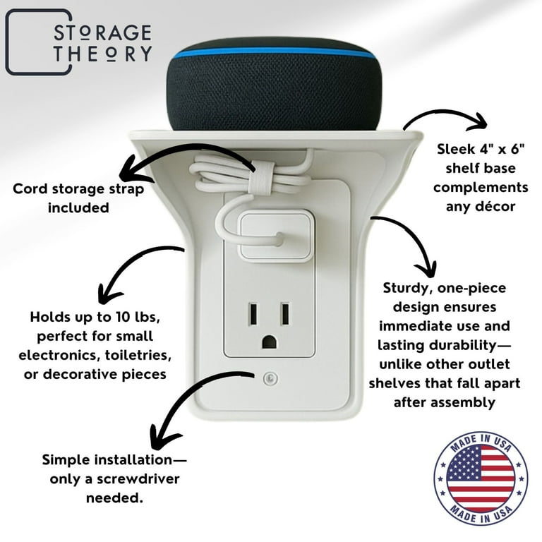 Storage Theory Power Perch Socket Outlet Shelf – White Wall Shelf For Bathroom, Dorm, Apartment – Holds Phones, Speakers, Toothbrushes, Up To 10 Lbs