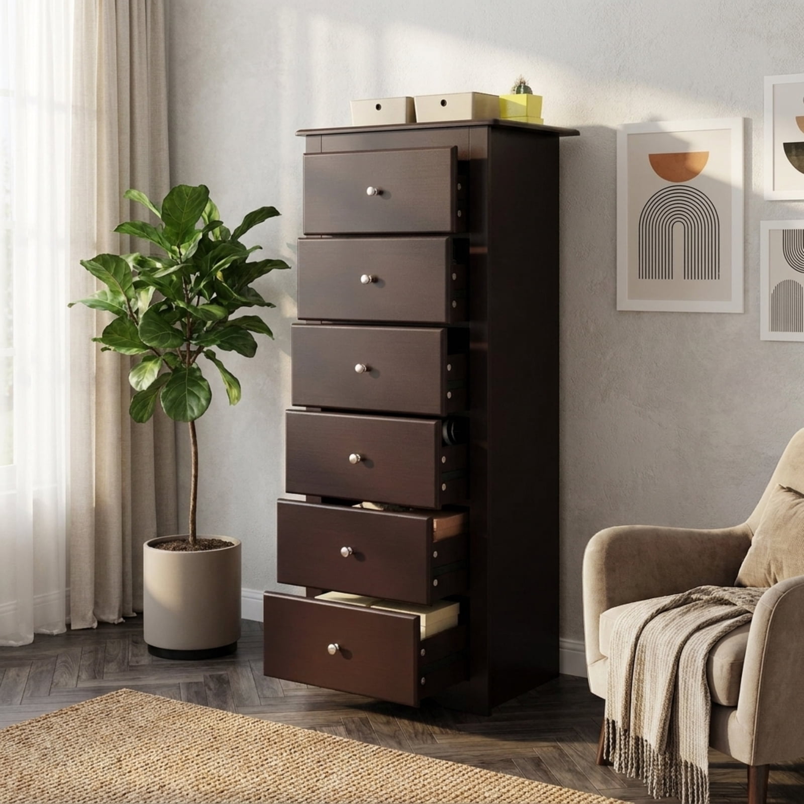 Furnibear 6 Drawers Chest Dresser Clothes Storage Bedroom Furniture Cabinet for Home Office Mobile Storage Cabinet with Wheels, Brown