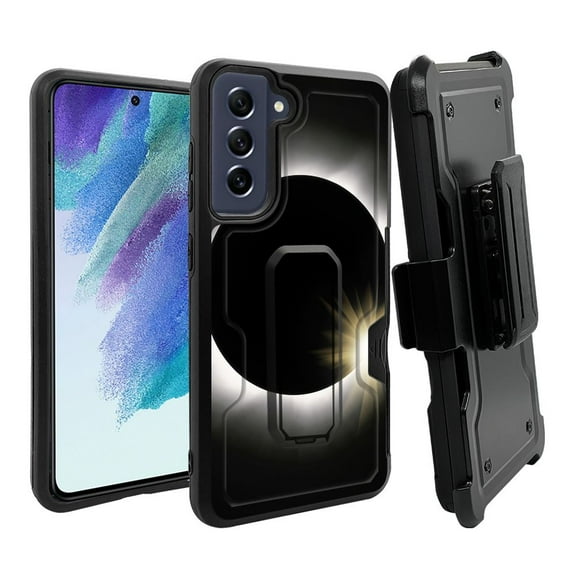 ANJ  Rugged Dual Layer Hybrid Holster Kickstand Case w/ Card Slot   Tempered Glass Cover for Samsung Galaxy S21 FE 5G - Eclipse