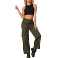 thumbnail image 2 of Pantalones cargo de mujer Daring Diva de tiro medio, anchos y holgados, estilo Y2K, casuales con bolsillos en verde ejército, 2 of 6