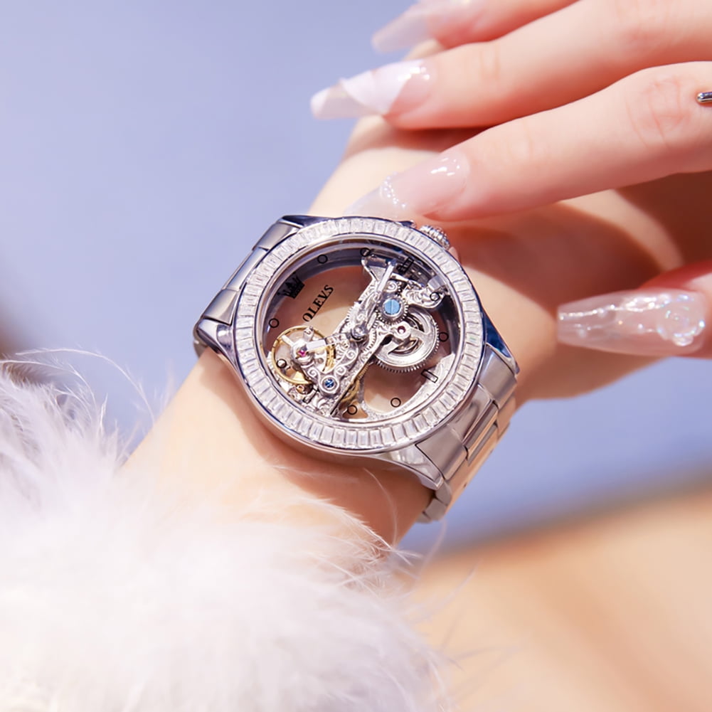 OLEVS Automatic Watches for Womens Mechanical Diamond Skeleton Self Winding Stainless Steel Luxury Dress Waterproof Luminous Ladies Watches Womens Wrist Watches Gift Reloj Para Mujer