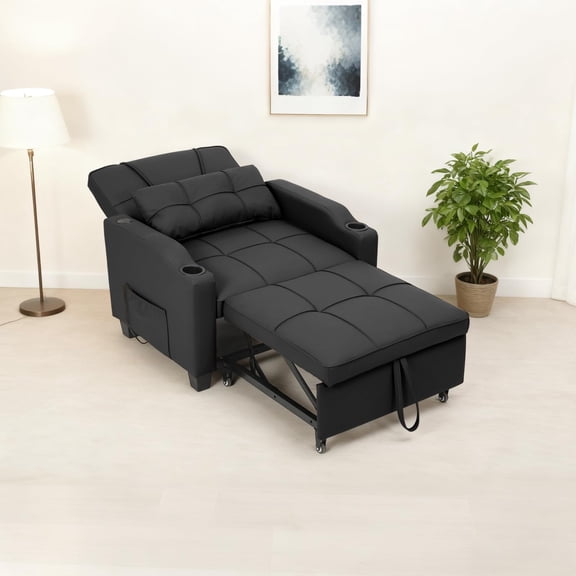 Towallmark Sofa Bed 3 in 1 Convertible Sofa Chair Bed with USB Charging, Cup Holders & Side Pockets, Lounger Sleeper Chair Single Recliner for Small Space Adjustable Backrest, Black