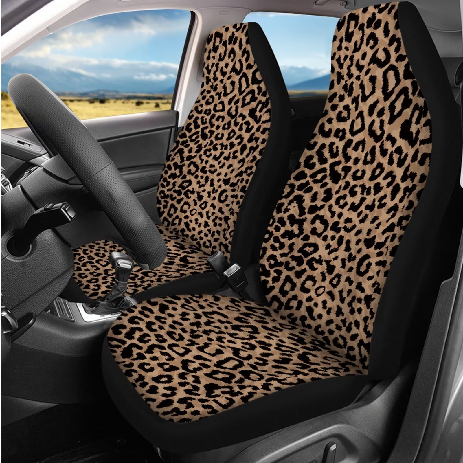 Binienty Leopard Print Auto Seat Covers Full Set 14 Pieces Car Accessories For Women Interior Cheetah Print Car Seat Covers With Steering Wheel Cover High Back Vehicle Bucket Cushion Protection