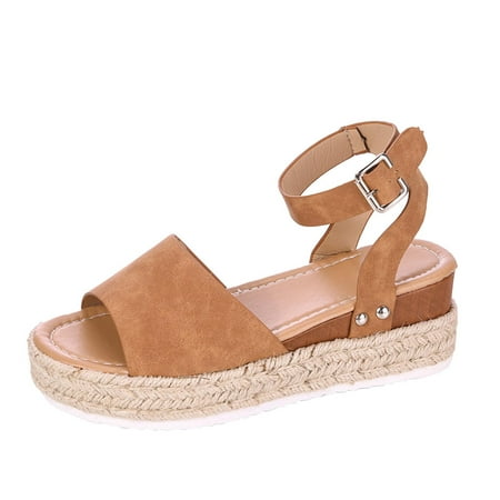 

Womens Summer Casual Espadrilles Trim Rubber Sole Flatform Studded Wedge Buckle Ankle Strap Open Toe Sandals Flatform Wedge Casual Sandal