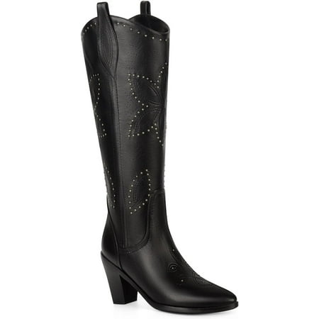 

Ferwind Women s Cowboy Boots Western Knee-High Stiches and Studded Adult Black 8 Wide