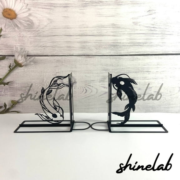 Shinelab Koi Fish Metal Bookends Decorative Koi Fish Name Bookend Gift, Pet Animal Desk Bookshelf Decor 5162