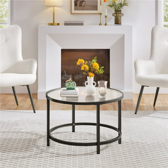 Yaheetech 27.5" Modern Glass Top Round Coffee Table for Living Room, Apartment, Black