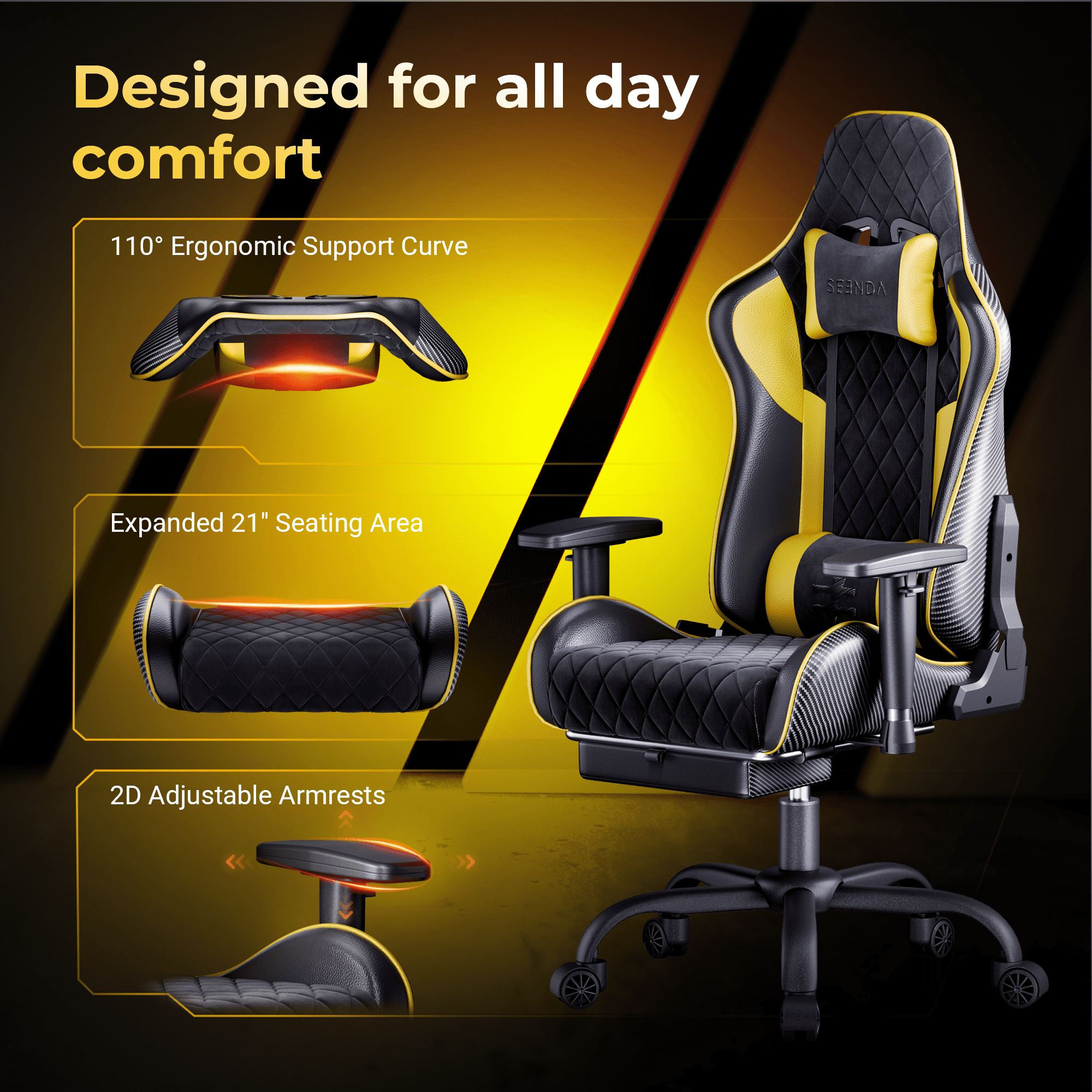 Seenda GCPro-10 Big and Tall Gaming Chair, All-in-One Comfort featuring a Retractable Footrest, High-Back Ergonomic Design, and Fully Adjustable Lumbar & Head Support