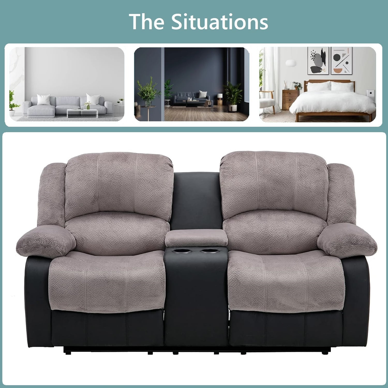 Nathaniel Home Manual Reclining Sofa, PU Leather Upholstered Double Recliner Loveseat, 2-Seater Home Theater Seating with Console, Arm Sofa Recline Chair for Living Room, Gray