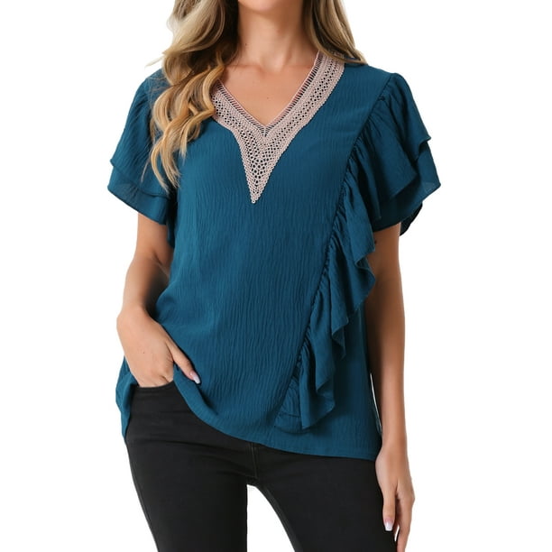 BLUSA CASUAL SUELTA DE MANGA CORTA CON VOLANTES Y ESCOTE EN V PARA MUJERES INSPIRADA EN CHIC XL AZUL OSCURO