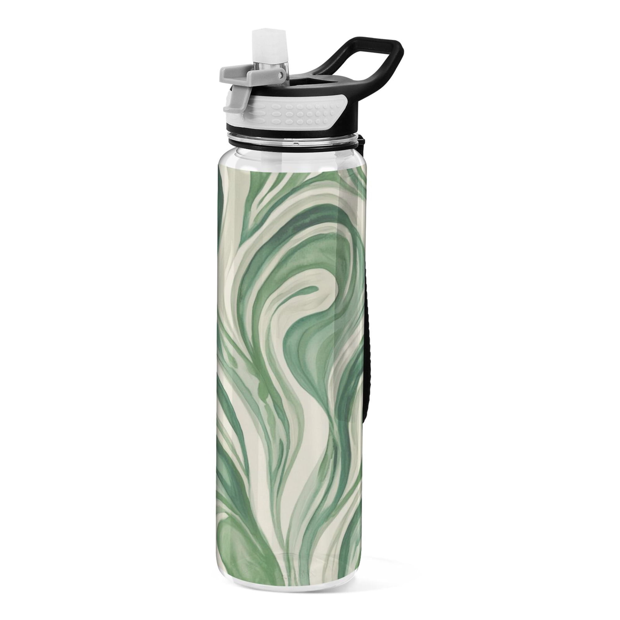 32oz Transparent Sports Water Bottle with Straw for Kids Adults Outdoor School Gym Fitness Green and White Swirling Lines